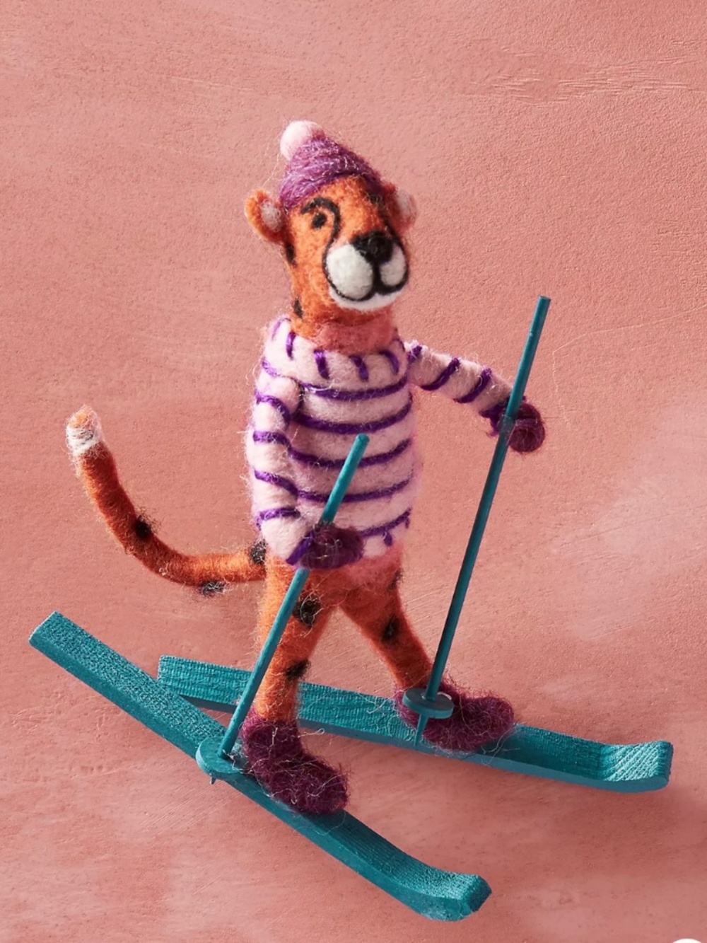 NWT Anthropologie Skiing Cheetah Wool Felt Ornament Anthro Holiday Decor Ski